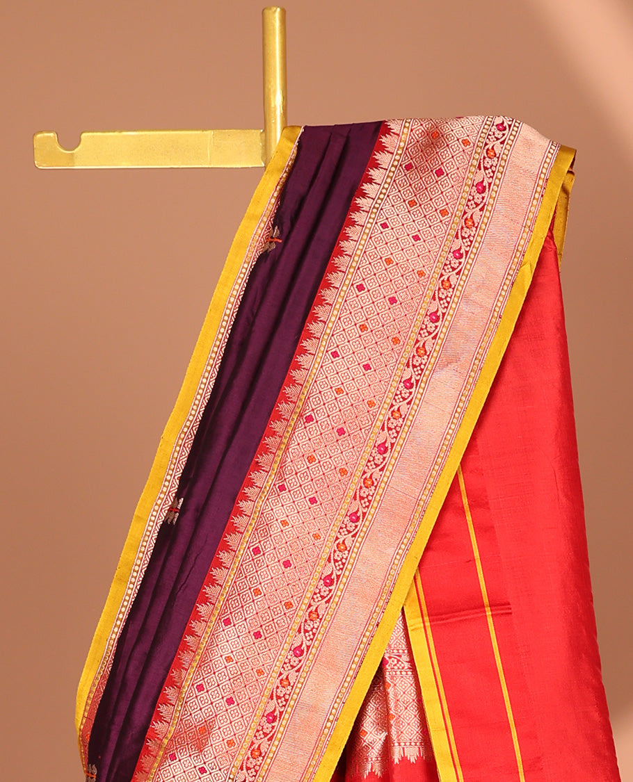 Violet leaf buttas banaras silk saree with contrast zari design border & intricate zari design pallu