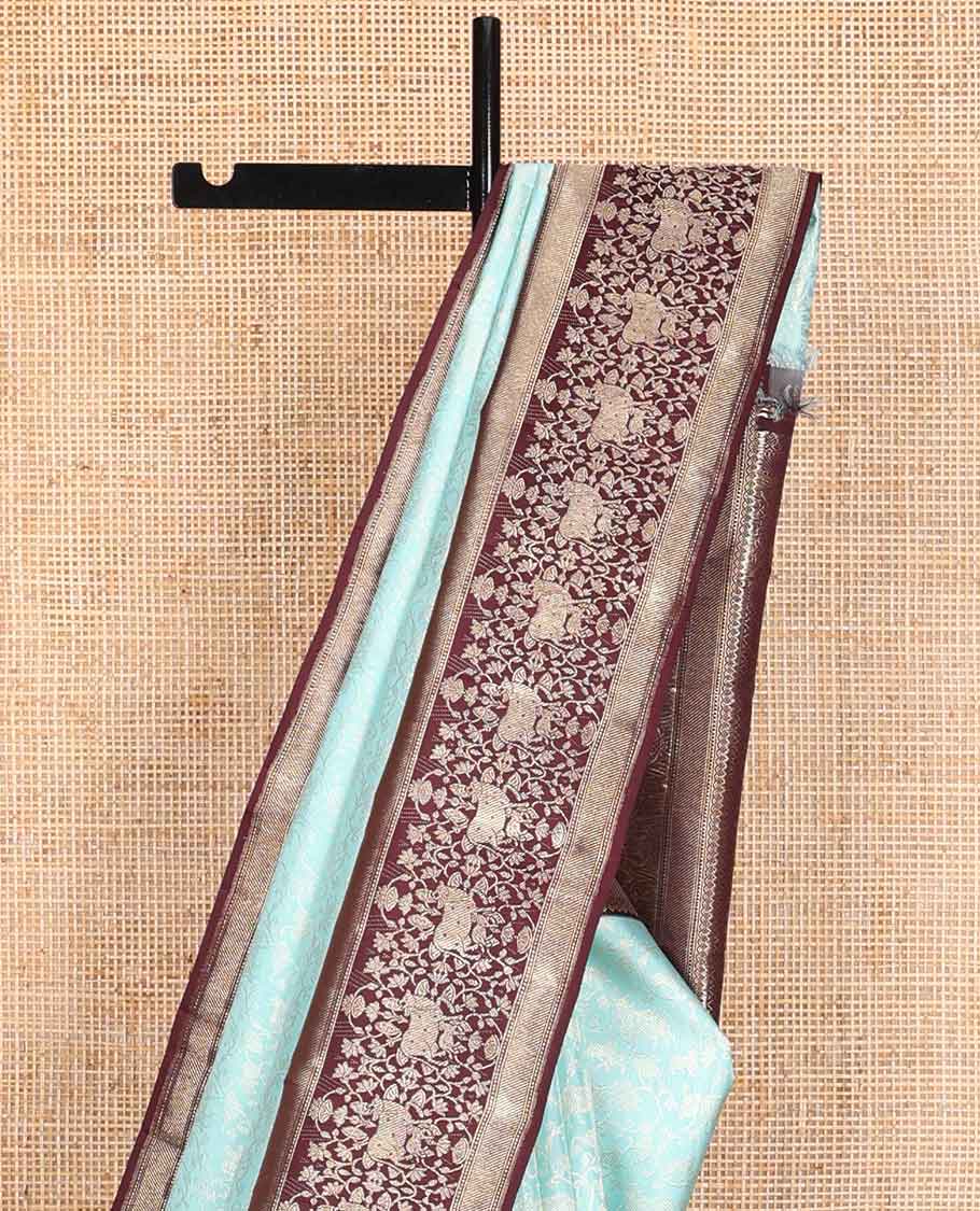 light blue floral jacquard silk saree with contrast zari design border & argyle design pallu