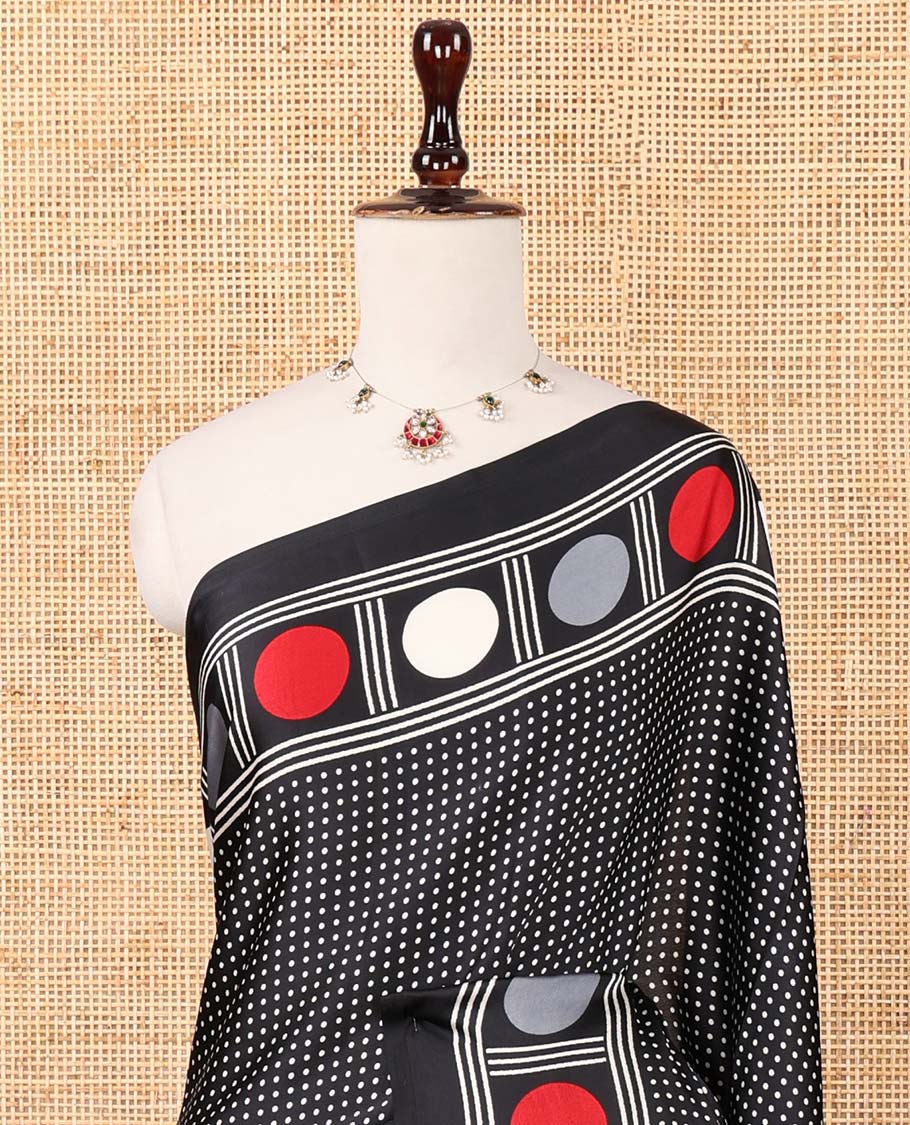 Black small polka dots printed gajji silk saree with self-border & pallu printed with a dot enclosed checks, blouse with intricate motif print