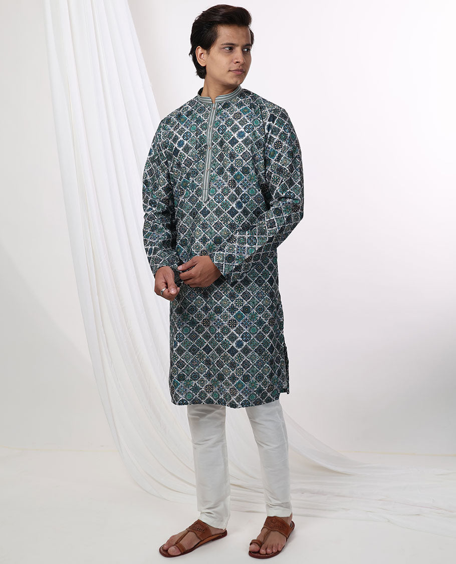 Multi-color intricate floral design mandarin collar & full-sleeve long raw silk kurta