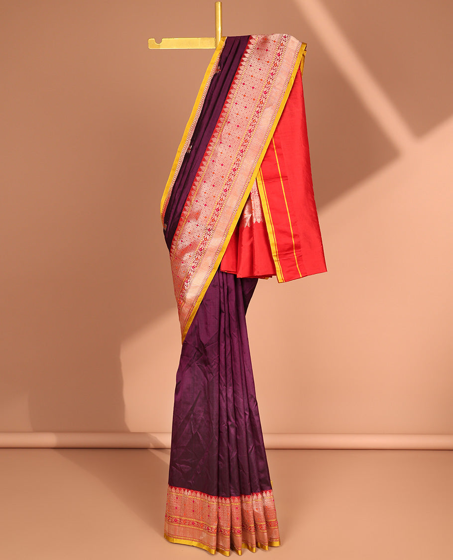 Violet leaf buttas banaras silk saree with contrast zari design border & intricate zari design pallu