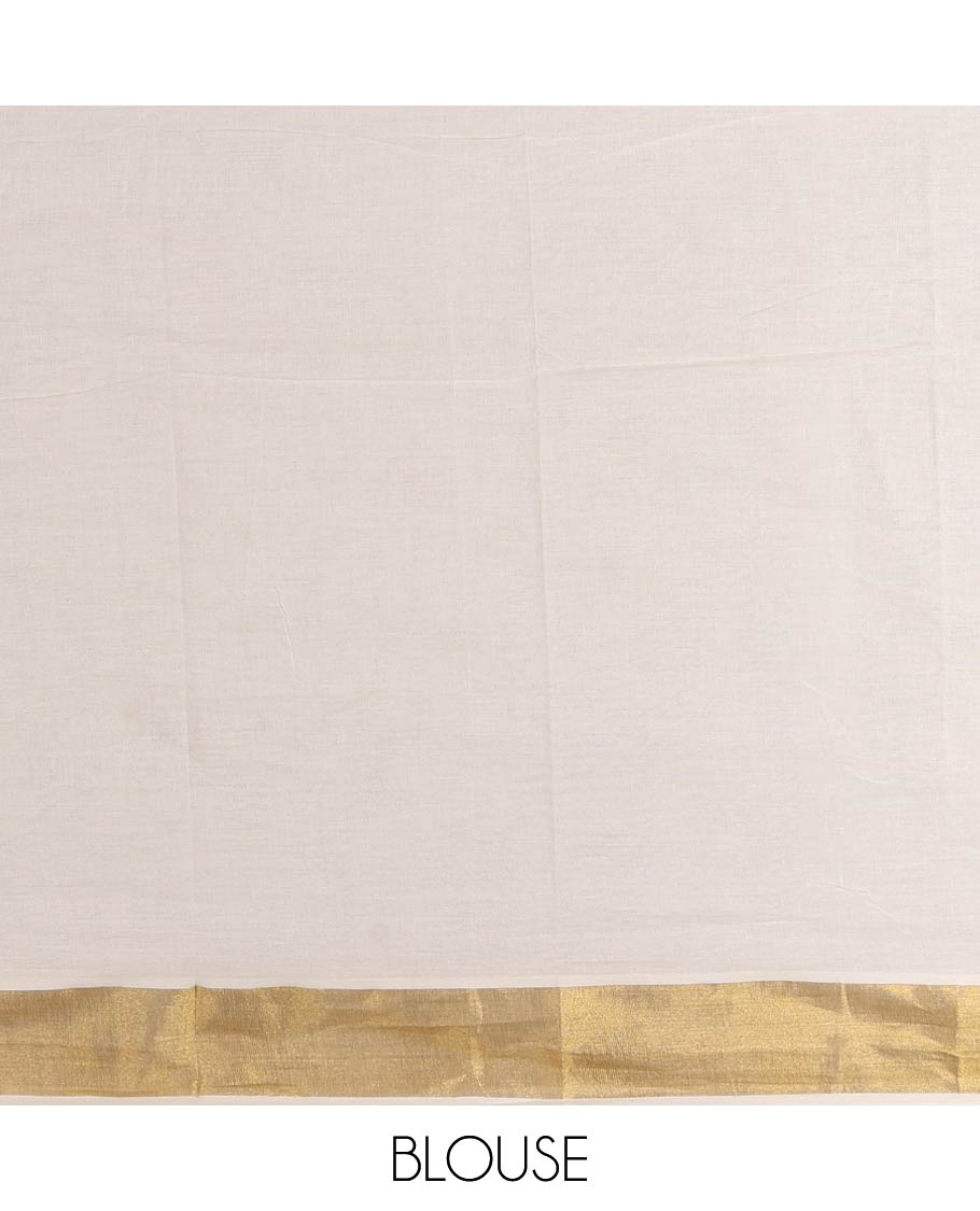 Cream manga butta golden foil printed Kerala cotton saree, zari border, pallu of paisley motifs, and a matching blouse