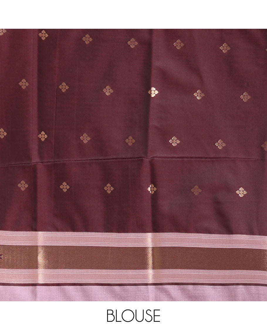 Pink round peacock chakram buttas enclosed checked Mulberry silk saree, contrast round peacock chakra border, zari worven pallu, and contrast zari blouse