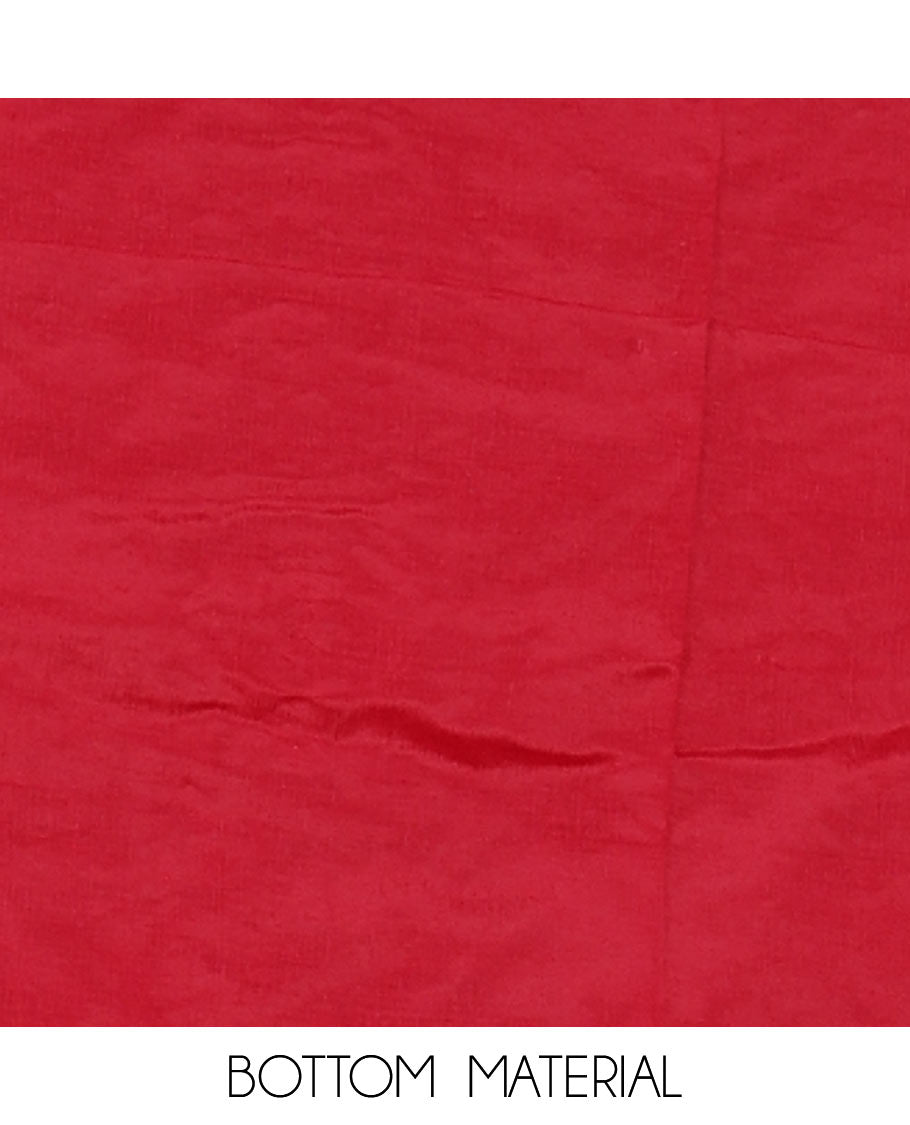 Rani pink material chudidar set, black beads & mirror neck embroidered with buttas woven vichitra silk top, santoon bottom & contrast mirror work chiffon dupatta