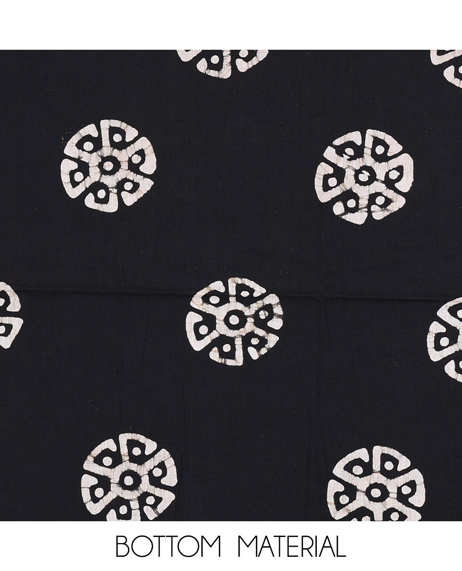 Black material chudidar set, polka dots batik printed modal chanderi top, batik motifs printed bottom, and a batik motifs printed modal chanderi dupatta