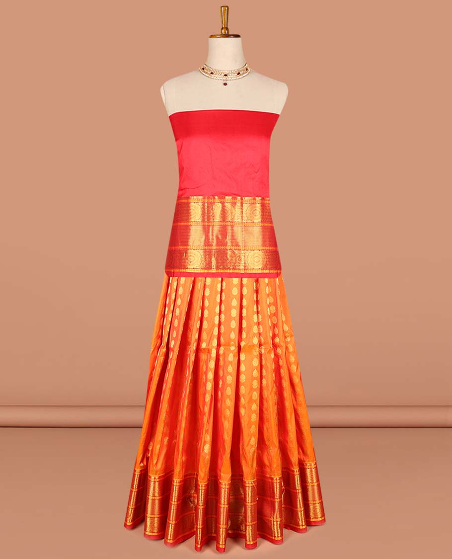 Orange floral buttas pure silk half saree with contrast traditional design border, zari design blouse & floral zari design dhavani