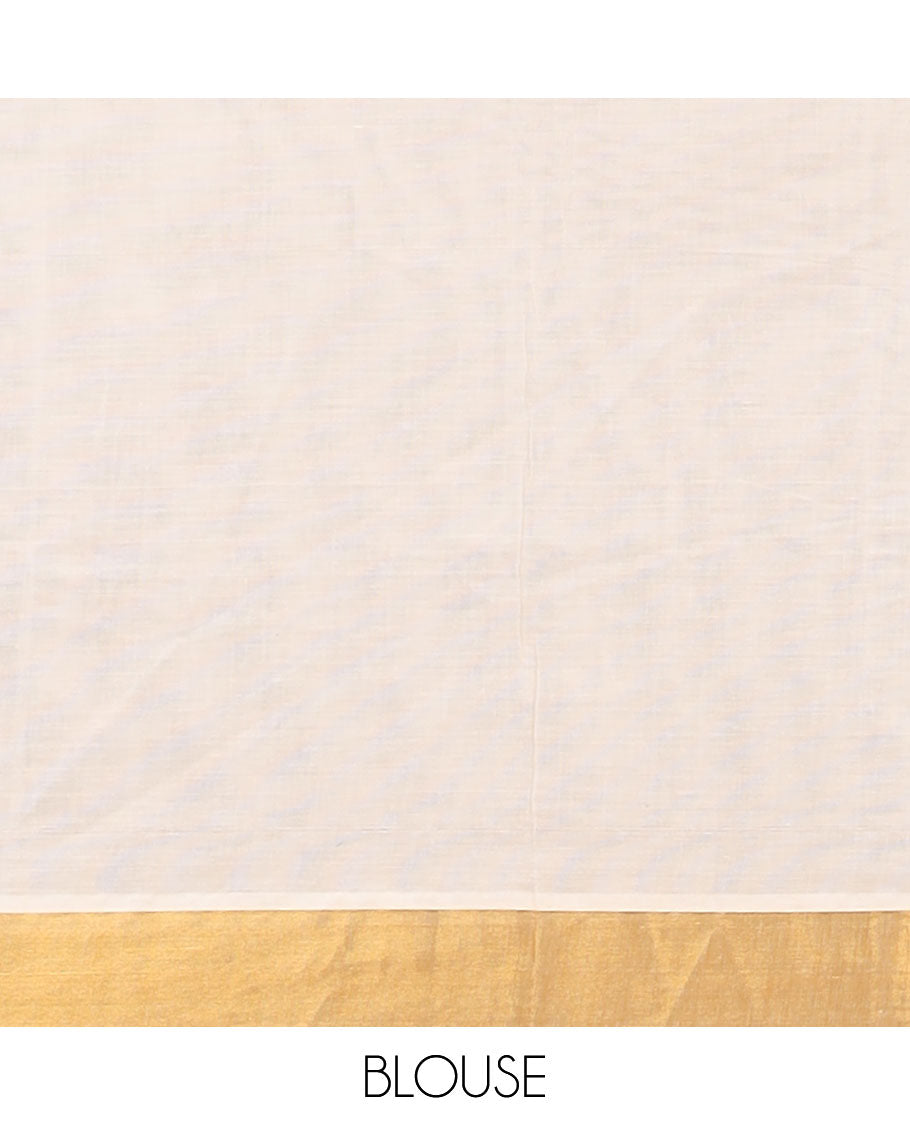 Cream kerala saree with zari designs, zari border & pallu of peacock & butterfly designs