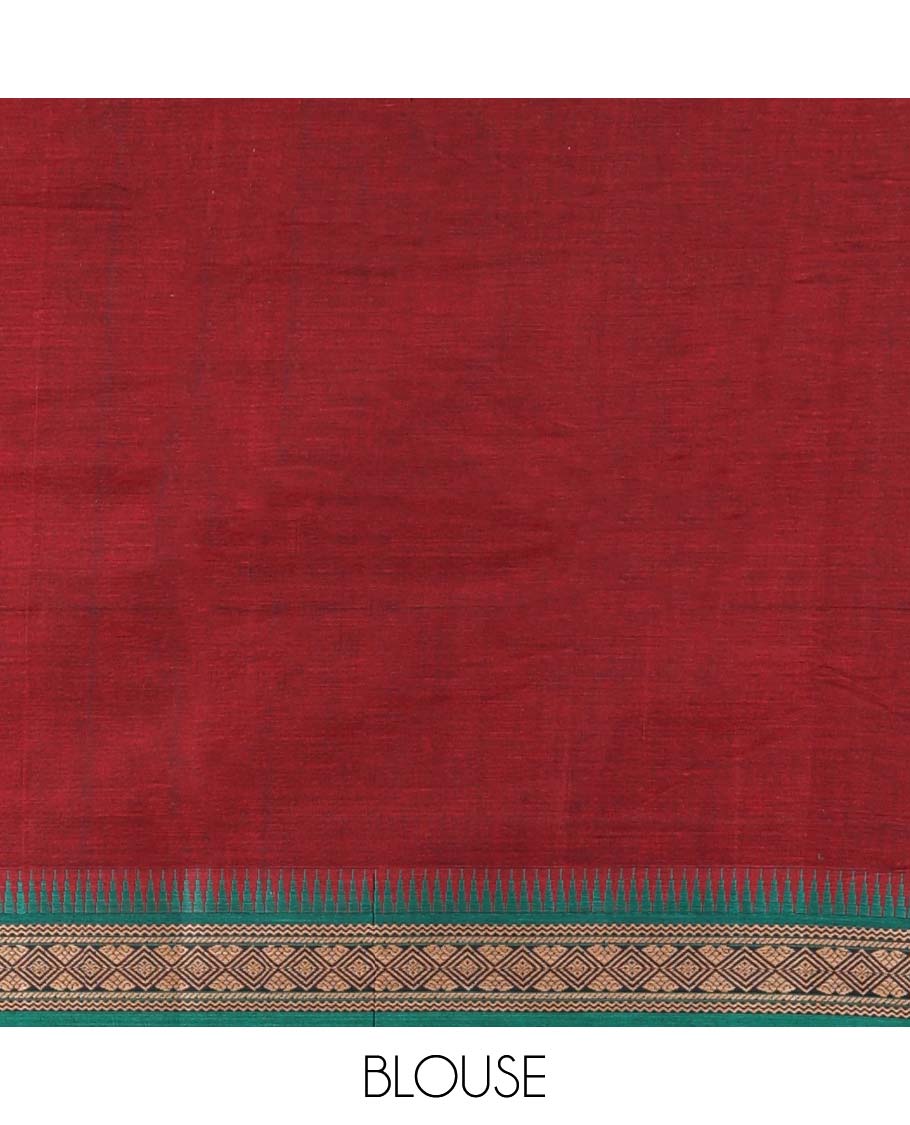 Maroon plain Narayanapet cotton saree, contrast unique design border & striped pallu
