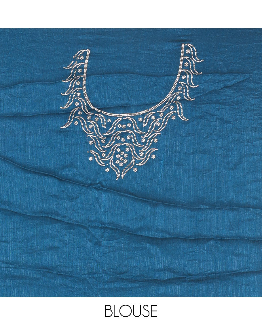 Rama blue micro stonework Fendi chiffon saree, scallop micro stonework border, stonework paisley pallu, and matching micro stone work blouse