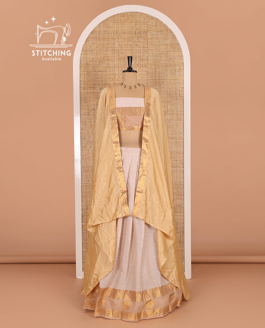 Cream-chikku sungudi cotton half-saree, plain with contrast traditional zari peacock motif bordered skirt, matching blouse, and a zari bordered dhavani