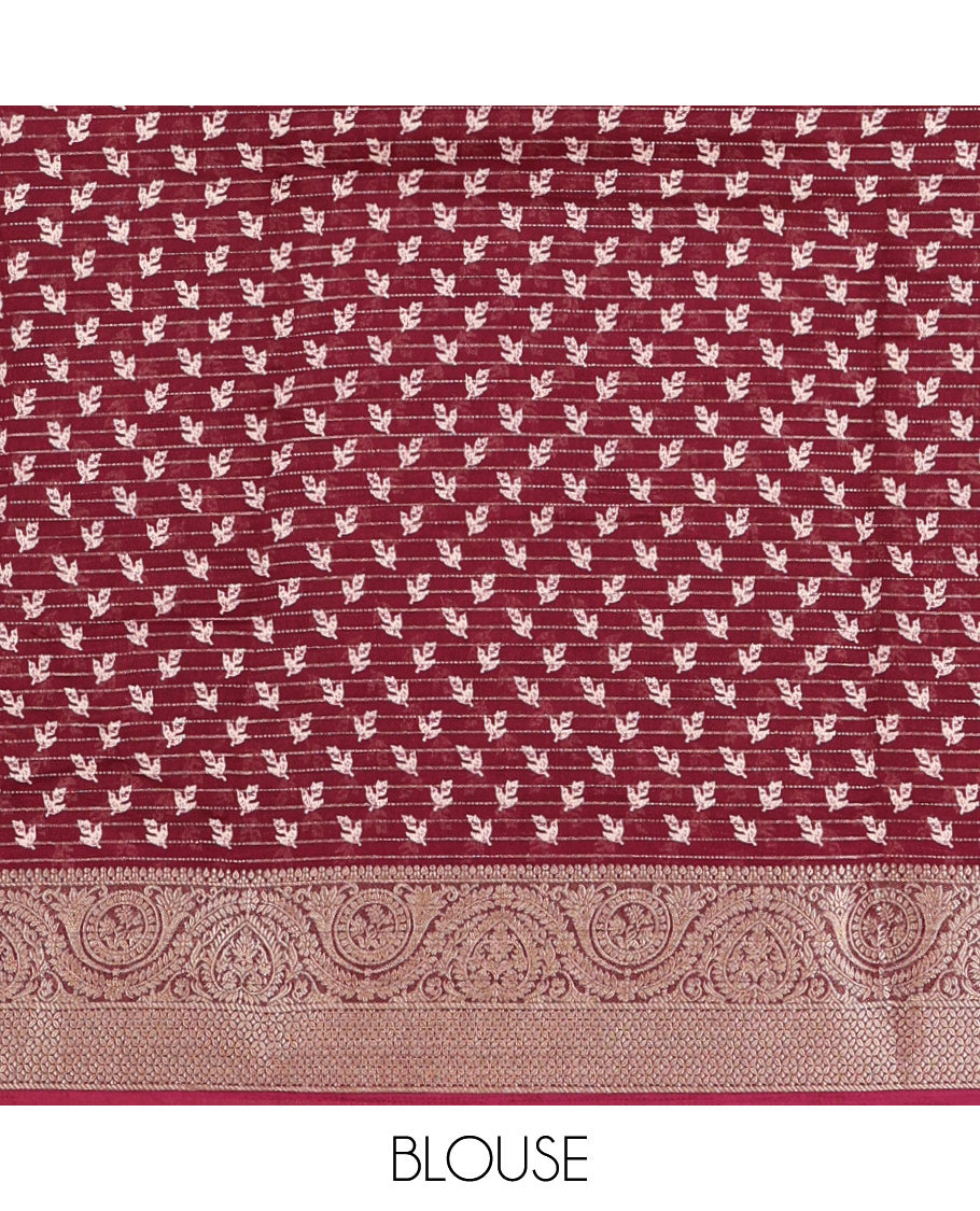 Wine dotted striped & batik leaf printed viscose georgette saree, traditional design zari border, intricate pallu & blouse of print & zari work