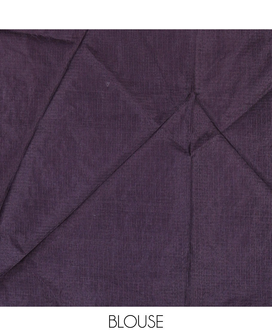 Lavender-wine floral vine chickankari embroidered kota chex saree, lace border, floral vine chickankari embroidered pallu, and contrast plain blouse