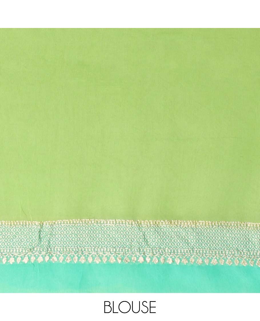 Green zig-zag striped banaras georgette saree with contrast border & geometric design pallu