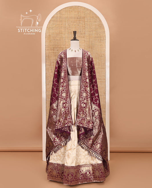 Cream-purple semi-banaras half-saree, floral jaal jacquard & contrast traditional zari border skirt, floral jacquard blouse & contrast zari design blouse