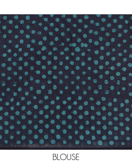 Blue handblock wax batik printed kota check saree, contrast batik print lacework border, batik print pallu & polka dots print blouse