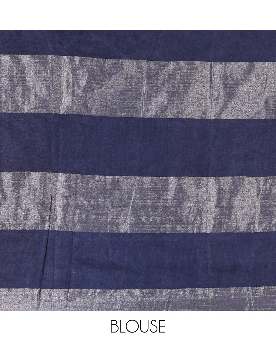 Purple silver zari checked Bhagalpur cotton saree, contrast plain border, striped pallu, and a contrast silver zari blouse