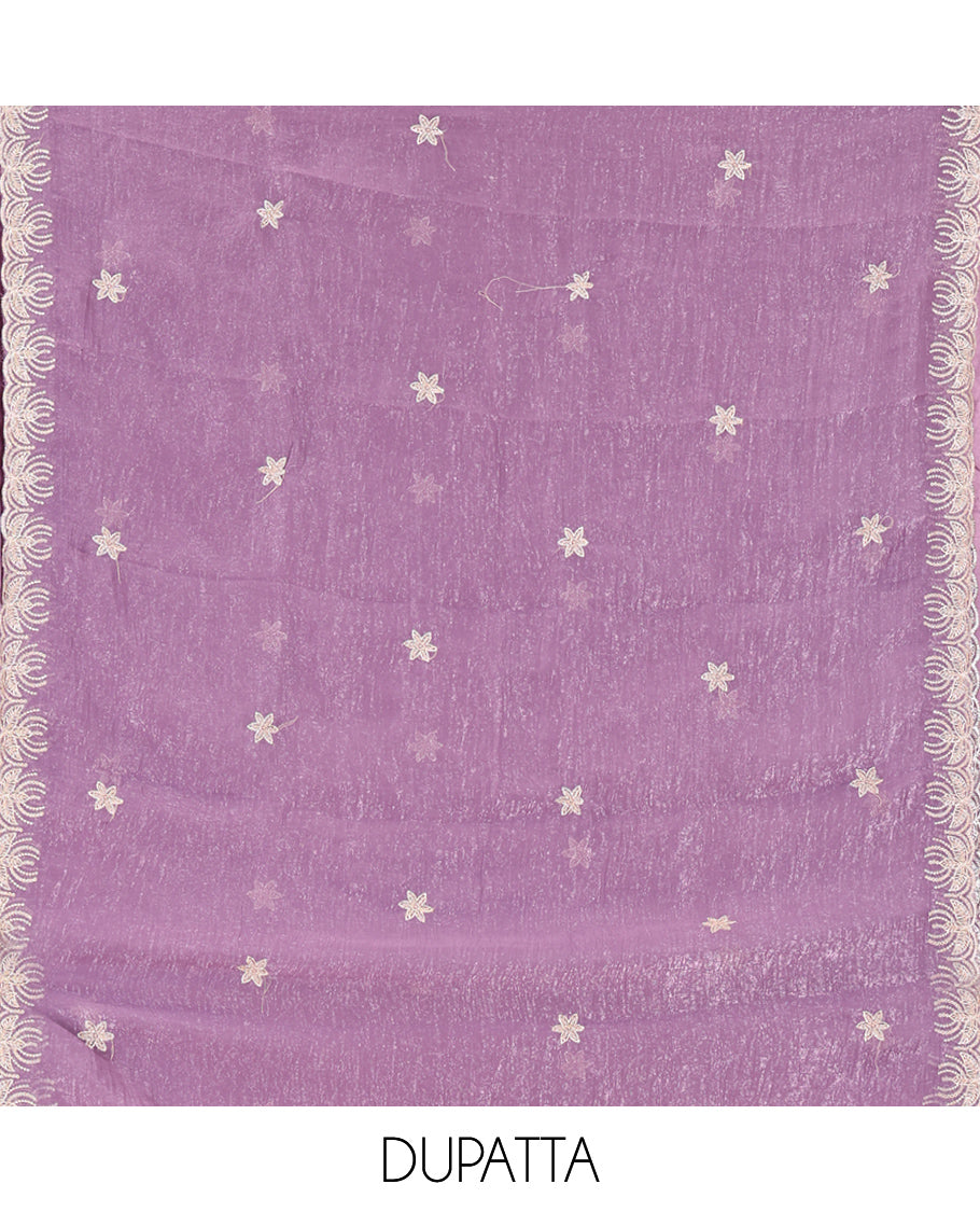 Lavender Crunchy Chiffon Material Churidar Features Thread Embroidered-Stone Work Top, Plain Bottom, Embroidered Dupatta