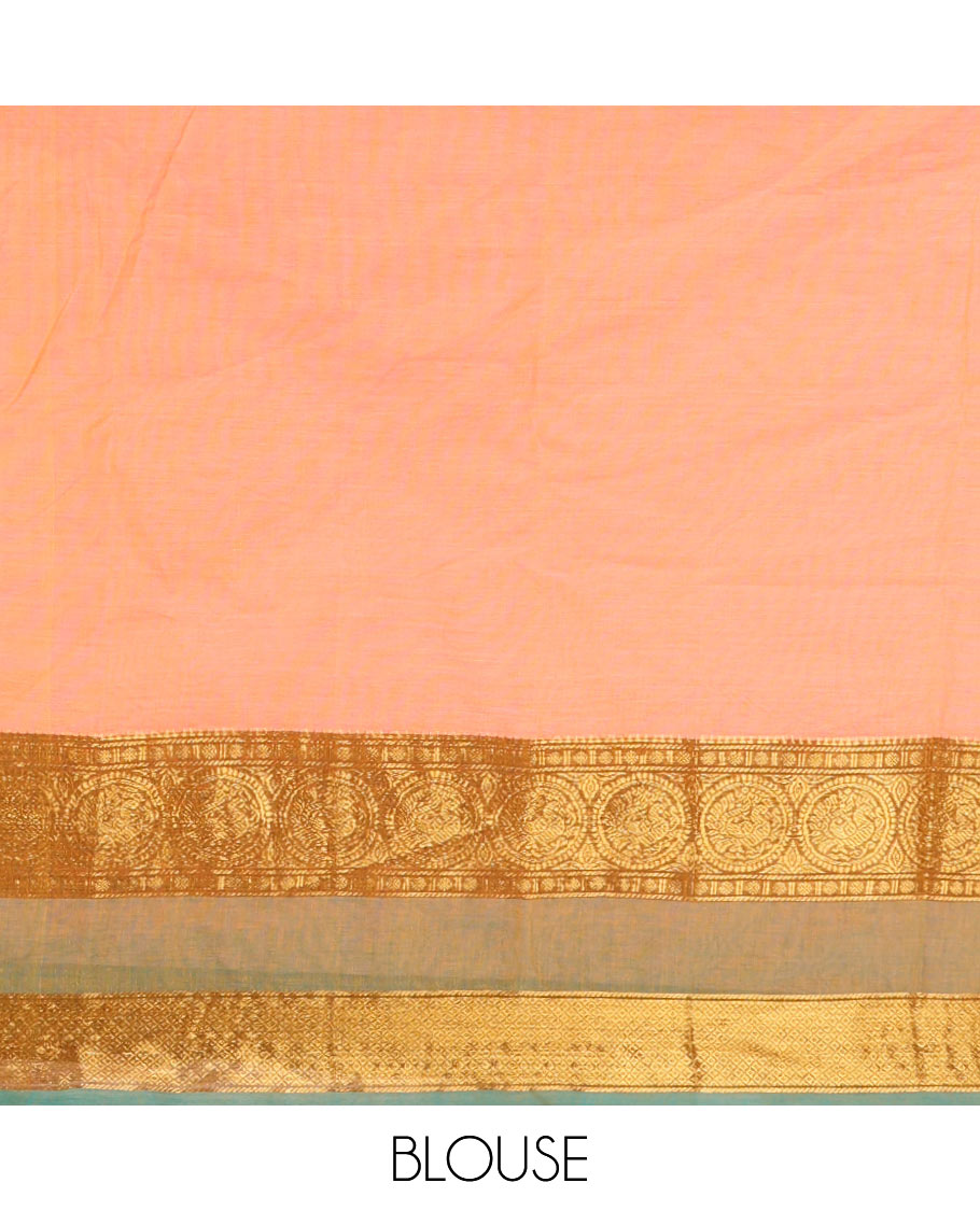 Pink plain design chettinadu cotton saree, contrast rudraksham & peaocck zari rettai pettu border, striped pallu & plain blouse