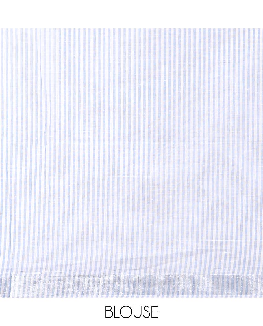 Borderless Blue vertical striped jute cotton saree with striped pallu