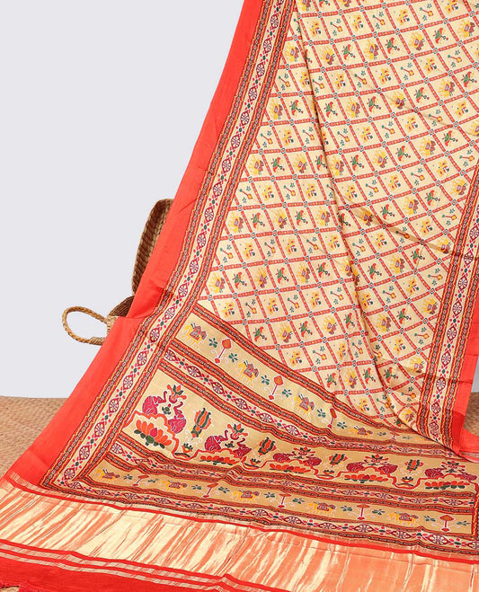 Yellow argyle design  semi-banaras printed saree with contrast floral border & floral design pallu