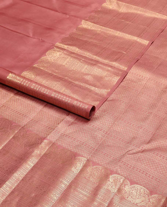 Brown buttas kancheepuram silk saree with intricate zari design border & geometric design pallu