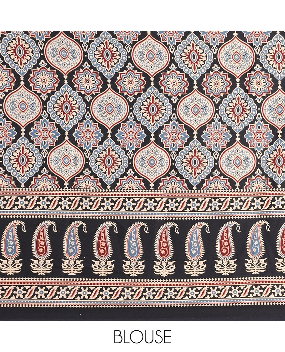 Black plain gajji silk saree with ajrak printed border, ajrak printed geometric pallu, and printed blouse