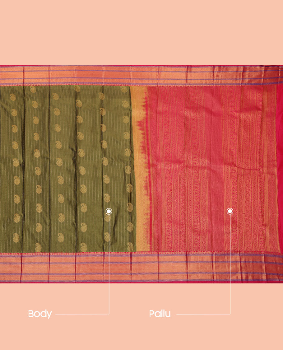 Green Budget Silk Saree, Embellished with Paisley Buttas and Stripes, a Contrast Traditional Zari Border, Grand Pallu, and a Contrast Blouse