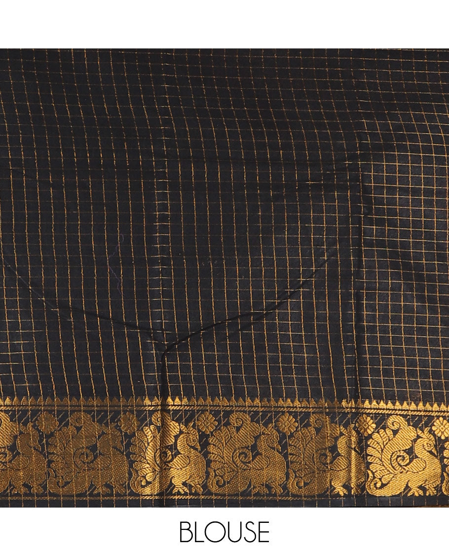 Mustard zari checked Sungudi cotton saree, contrast peacock motif border, zari striped pallu, and contrast zari design blouse