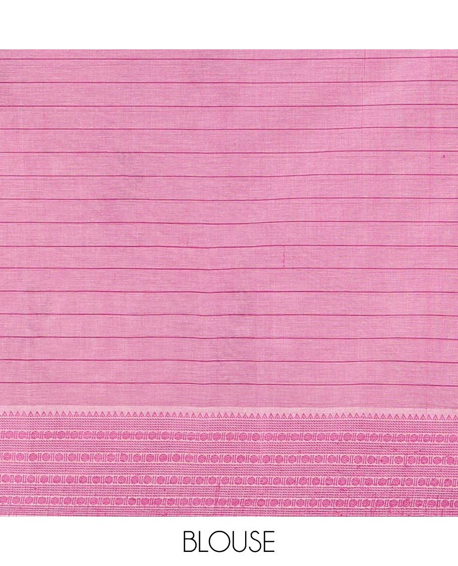 Cream-violet horizontal striped and girl motifs printed Mangalagiri cotton saree, traditional motifs woven border, printed pallu, and a contrast blouse