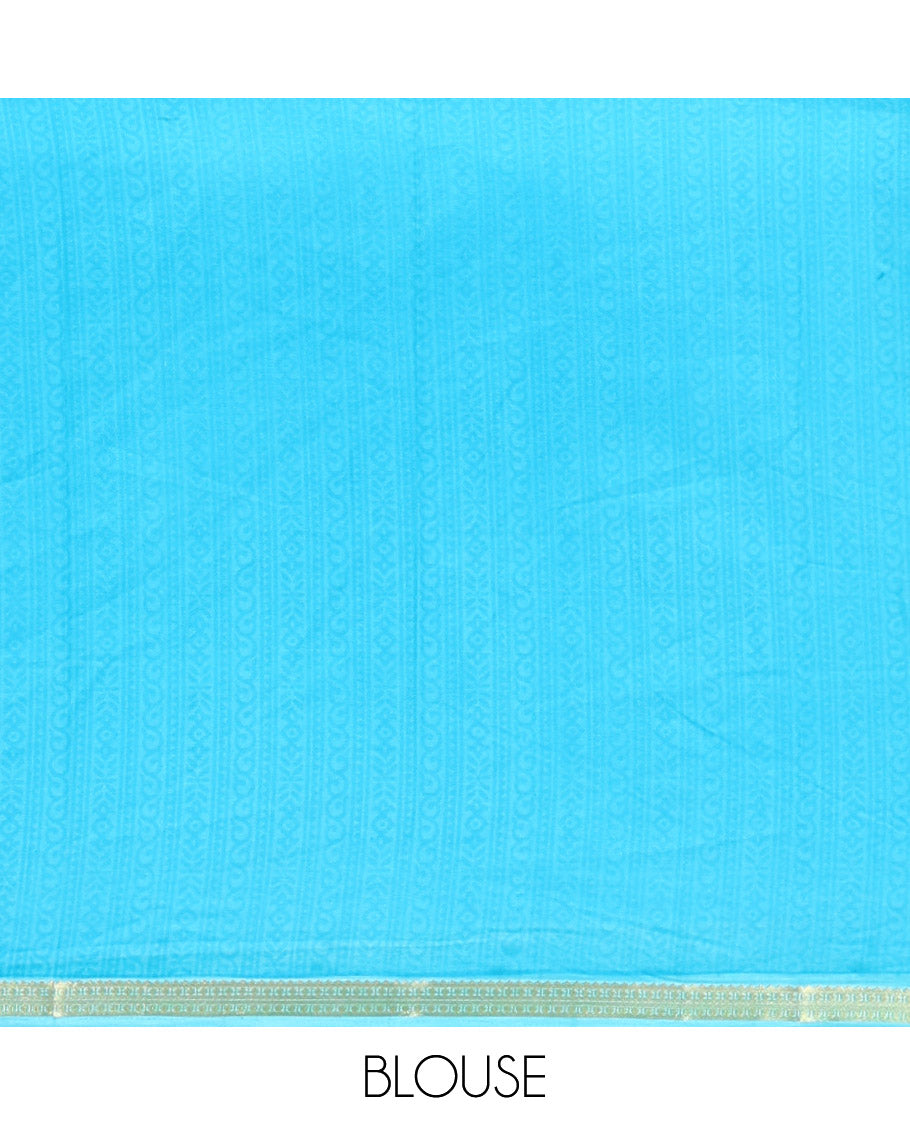 Blue Printed Silk Saree, Bedecked with Paisley Print, a Zari Border, Paisley Printed Pallu, and a Matching Blouse