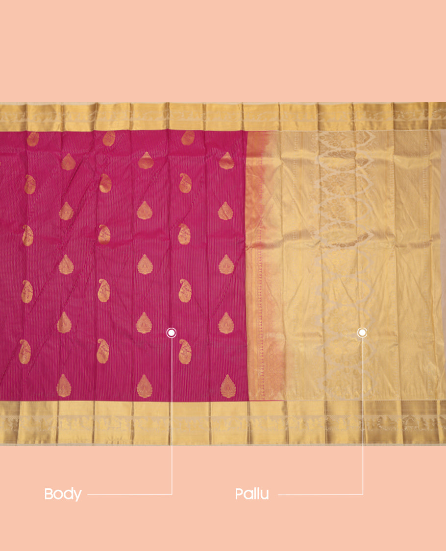 Pink Budget Silk Saree, Bedecked with Zari Buttas and Stripes, Complemented by Contrast Traditional Weddding Themed Border, a Grand Pallu and a Contrast Blouse