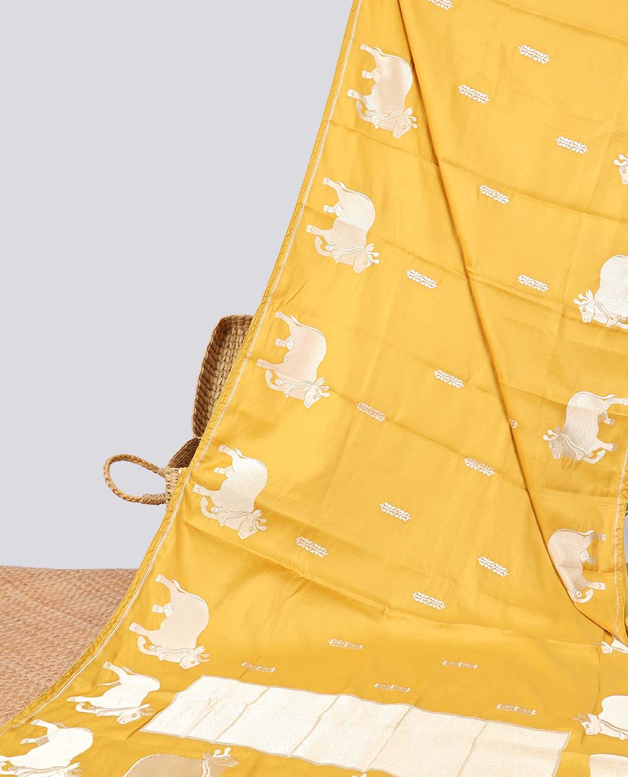 Yellow floral motifs semi-banaras tussar saree with self pichwai border & zari design pallu