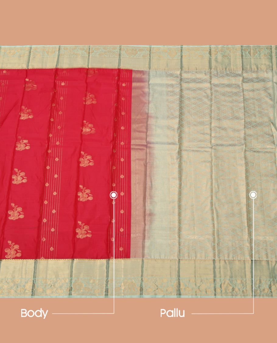 Red Budget Silk Saree Showcasing Zari Buttas, Complemented by a Contrast Traditional Zari Border, Grand Pallu, and a Contrast Blouse