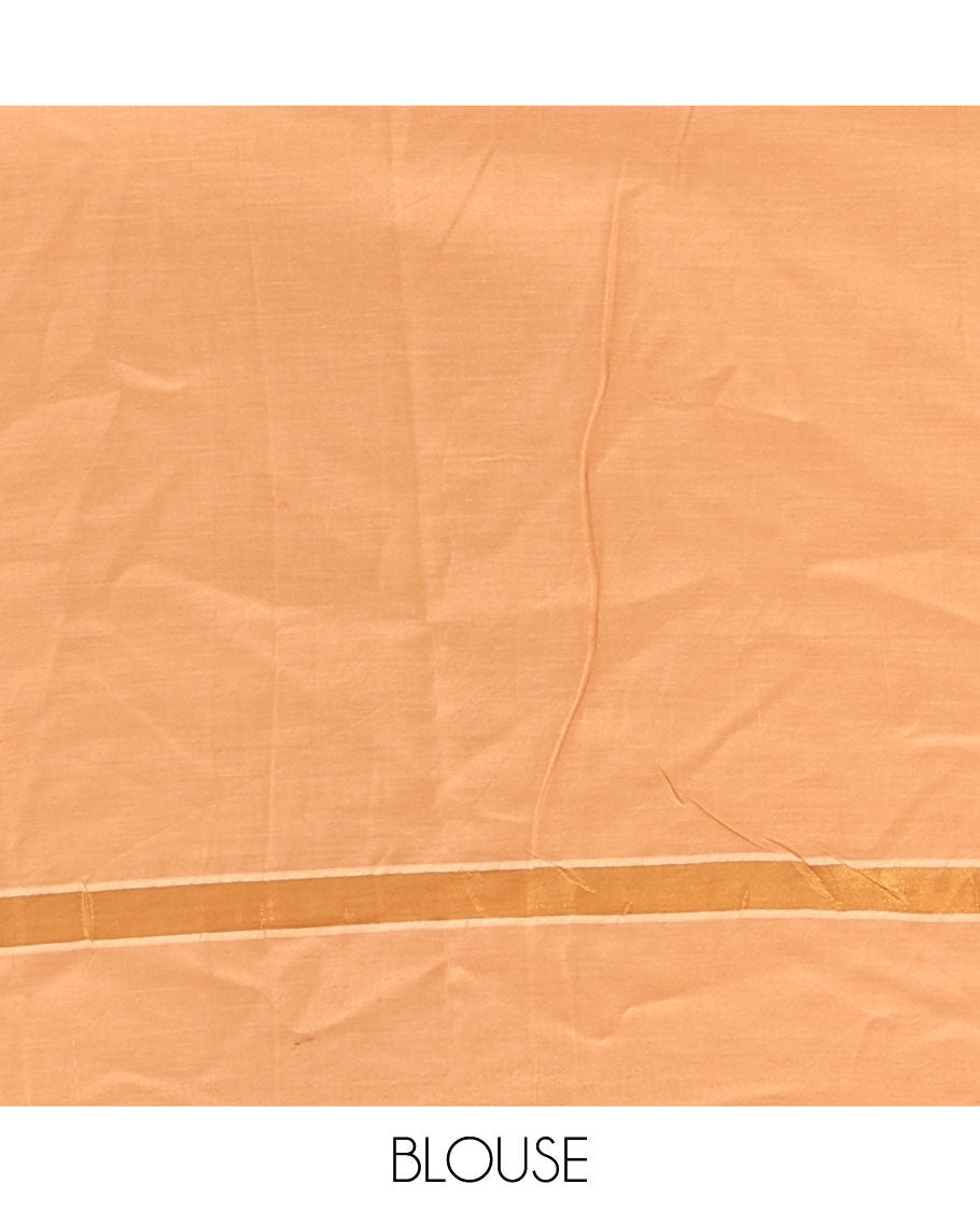 Green South Indian women motifs printed chennur silk saree, contrast plain border, printed pallu, and a contrast plain blouse