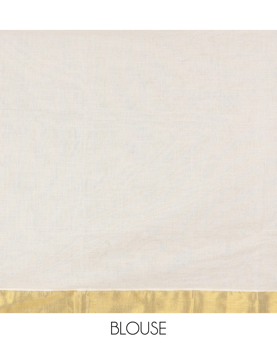 Half-white lotus motifs printed Kerala cotton saree, gold zari border, lotus motifs printed pallu, and matching blouse