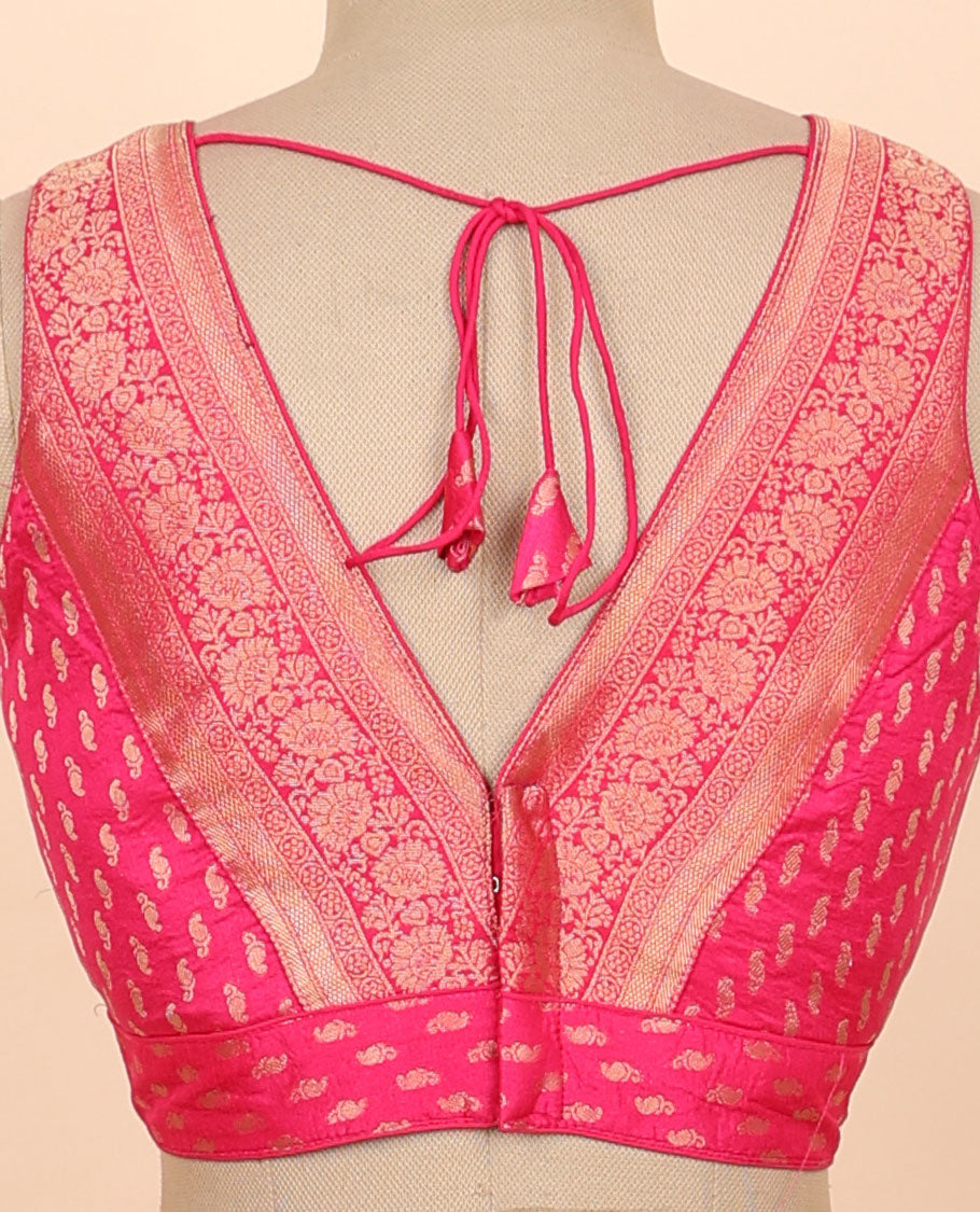 Pink floral zari design front & back deep v-neck raw-silk readymade sleeveless blouse