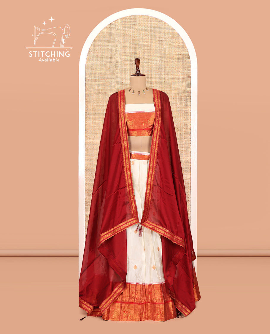 Cream-Maroon Banaras-Silk Half-Saree Features Zari Buttas Skirt, a Contrast Traditional Border, a Matching Blouse, a Contrast Dhavani
