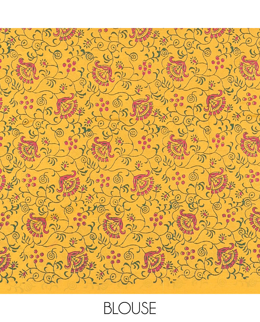 Borderless rani pink camel motifs and geometric patterns, handblock printed poly cotton saree, handblock printed pallu, and contrast printed blouse