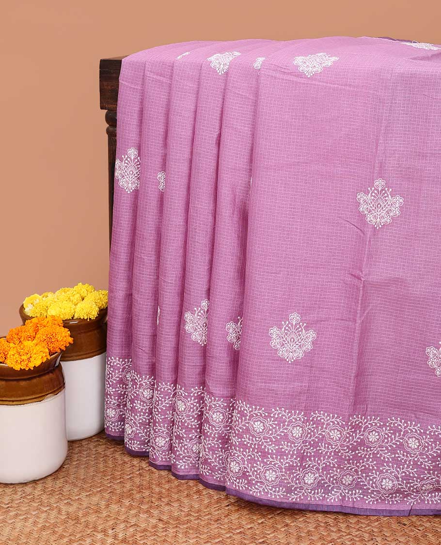 Purple allover lucknowi chikankari design kotta checks saree with running blouse