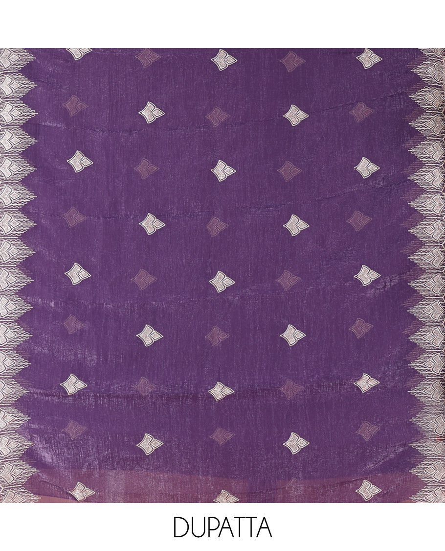 Dark Purple Crunchy Chiffon Material Chudiddar, Embroidered Top, Plain Bottom, Embroidered Scallop Dupatta