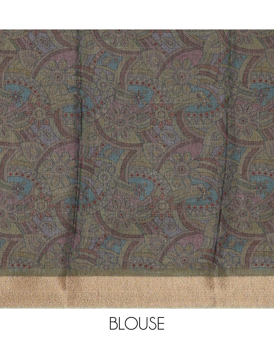 Olive green geometric-abstract printed black spun linen saree, zari piping border, Madhubani peacock printed pallu & Madhubani printed blouse