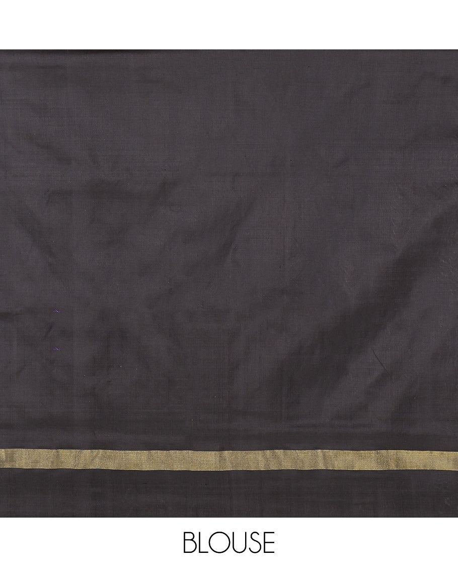 Orange Pochampally Ikat Silk Saree, Decked Up with Chevron Stripes, Complemented by a Contrast Border, Chevron Striped Pallu, and a Contrast Blouse