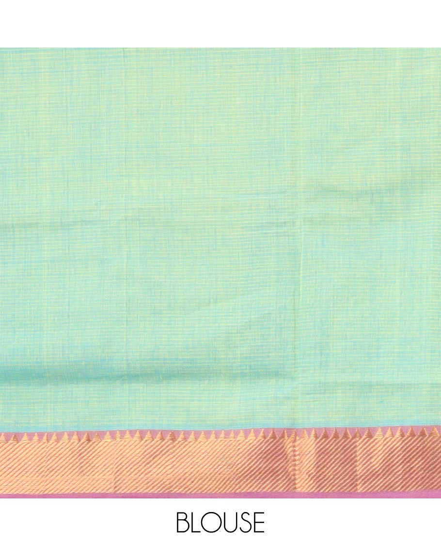 Light green mangalagiri cotton saree with contrast striped, temple border & striped pallu