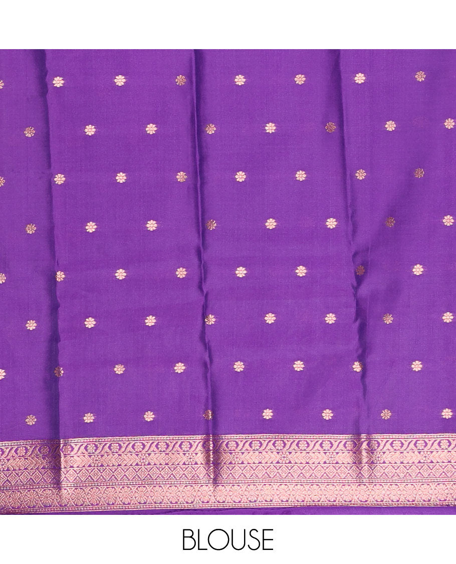 Borderless lavender stripes and zari floral buttas elite soft silk saree, contrast ogee patterned zari pallu, and contrast zari design blouse