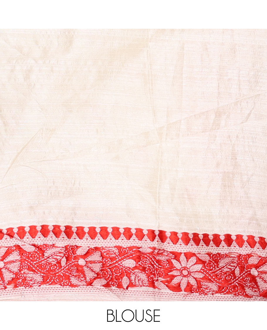 Half-white and red floral thread buttas woven jute cotton saree, floral thread weave border, floral-paisley weave pallu, and a matching blouse