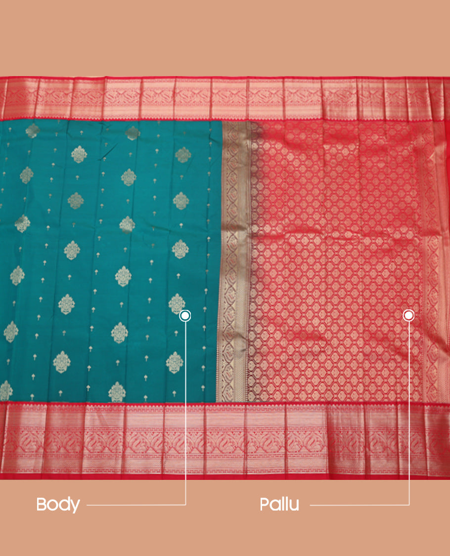 Green Budget Silk Saree, Embellished with Zari Buttas, Complemented by a Contrast Traditional Zari Border, Grand Pallu, and a Contrast Blouse