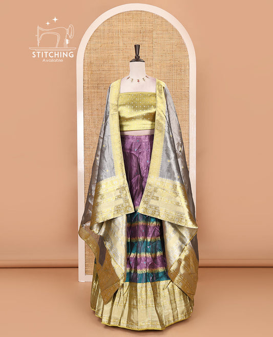 Dusky pink-liril organza half-saree, resham thread buttas & traditional motifs skirt, brocade banarasi blouse & intricate dhavani