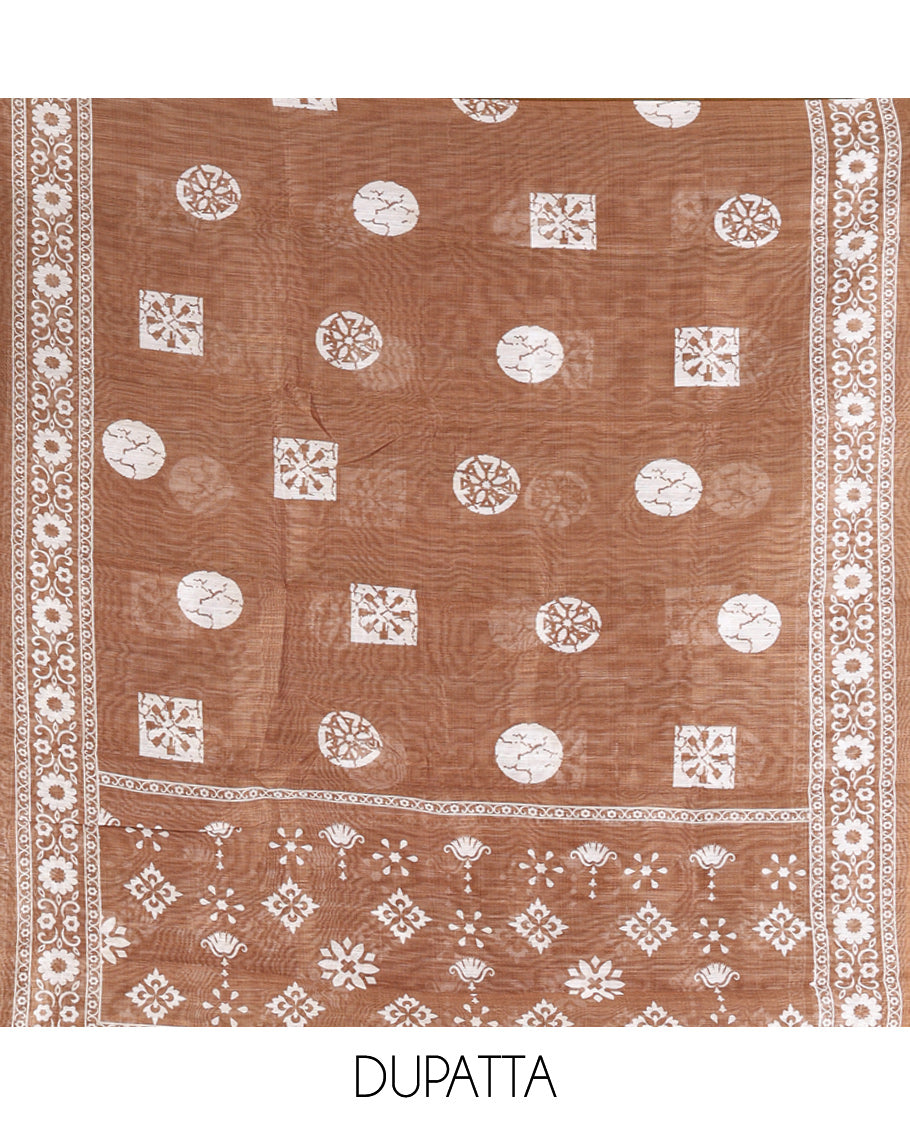 Brown Chanderi Material Chudidar Features Batik Printed Top, a Matching Bottom, and Batik Printed Dupatta