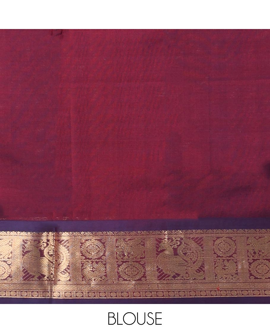 Brown checked cotton silk saree with self zari design border & intricate floral zari design pallu