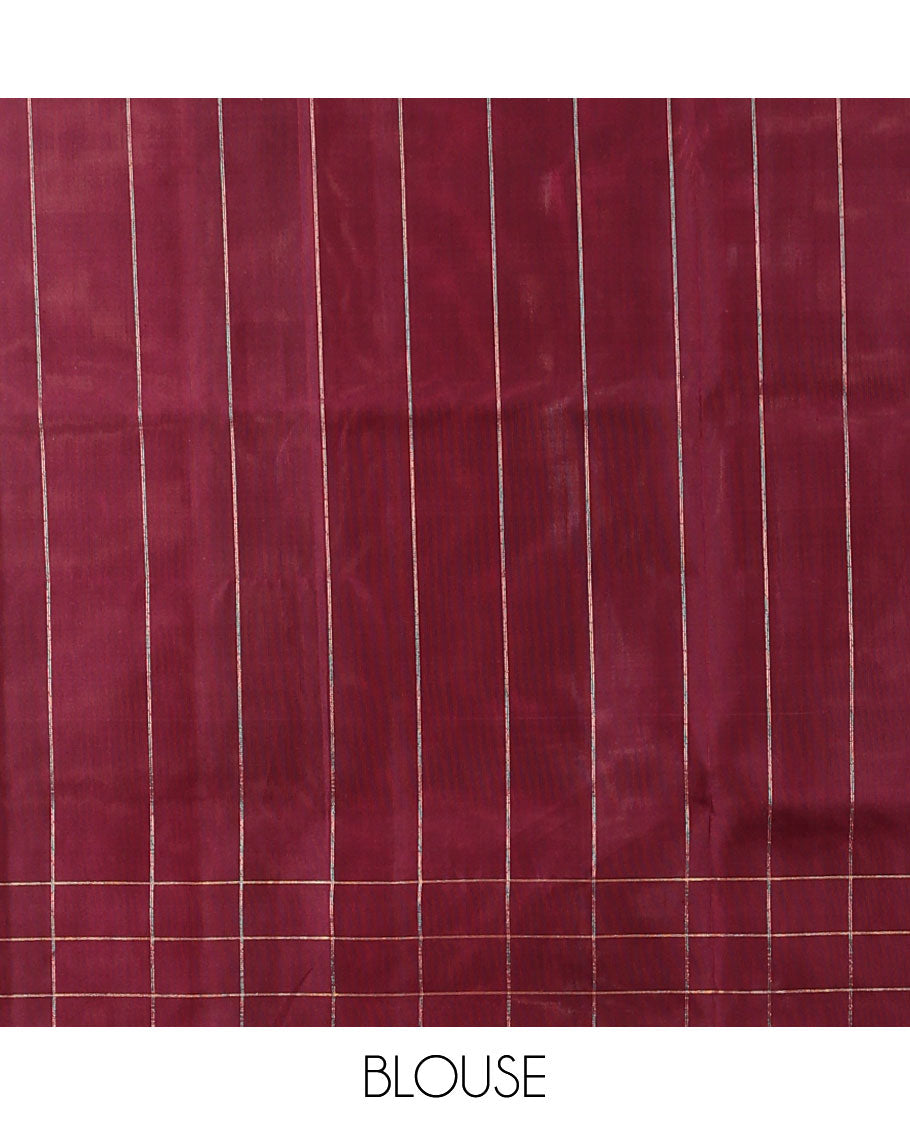 Peach soft silk saree with contrast checked border & floral jacquard design pallu
